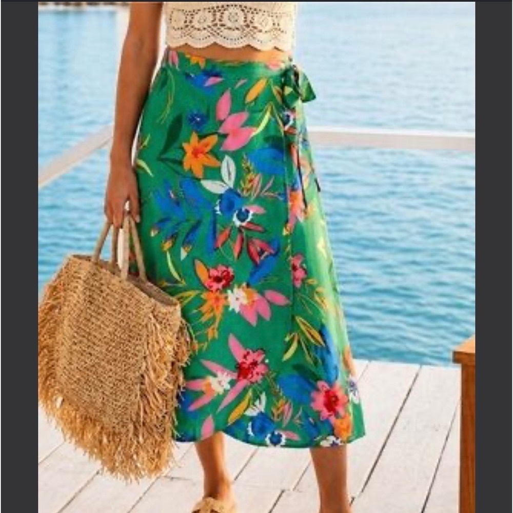 J.Crew M Floral Faux Wrap Midi Skirt Kelly Green Tropical Viscose Resortwear